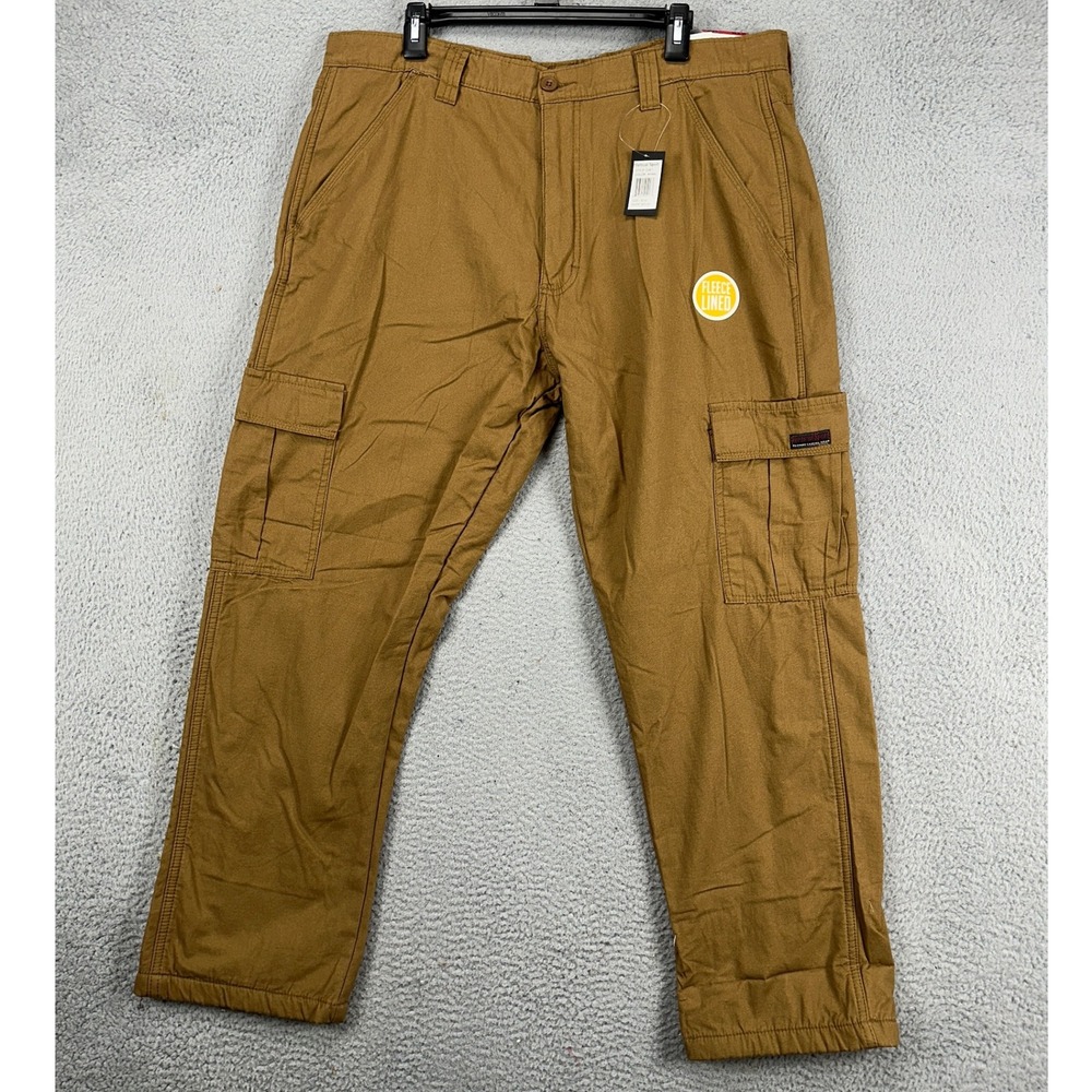 Vertical Sports Mens Fleece Lined Cargo Pants 38X30‎ Tan Flat Front Straight NEW
